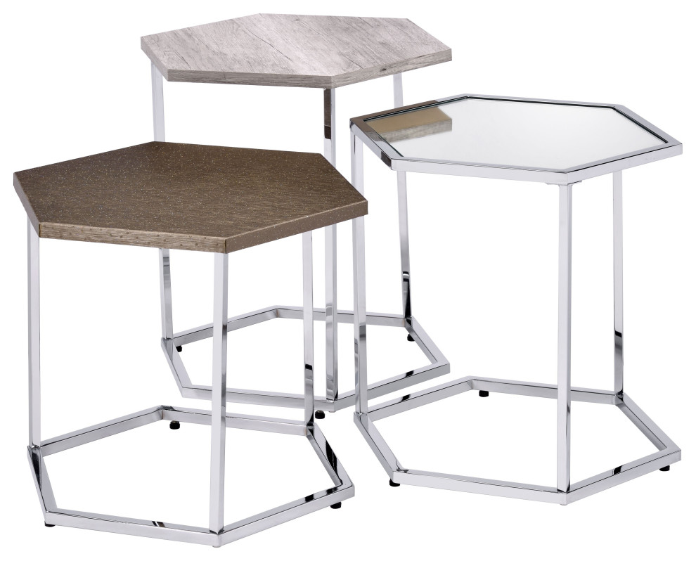 Simno Nesting Tables  Clear Glass  Taupe  Gray Washed and Chrome Finish   Contemporary   Coffee Table Sets   by Acme Furniture  Houzz