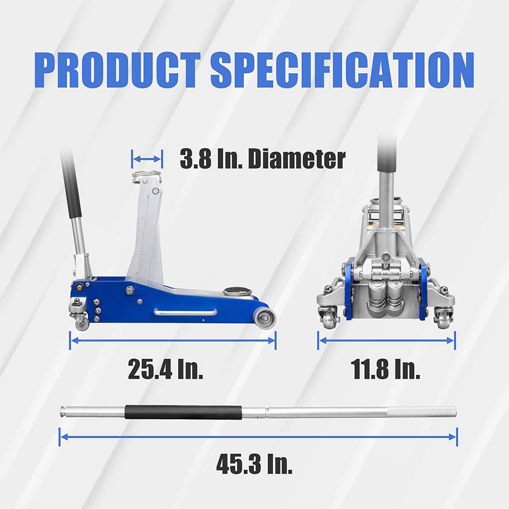 TCE 3-Ton Low-Profile Aluminum Floor Jack with Dual Piston Speedy Lift Blue AT830003XLU