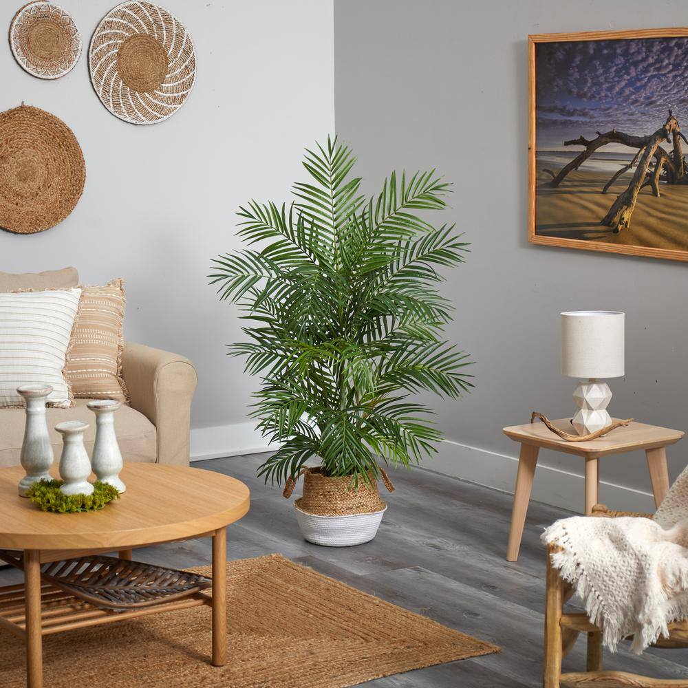 Nearly Natural 4 ft. Green Areca Artificial Palm in Boho Chic Handmade Cotton and Jute White Woven Planter T2931