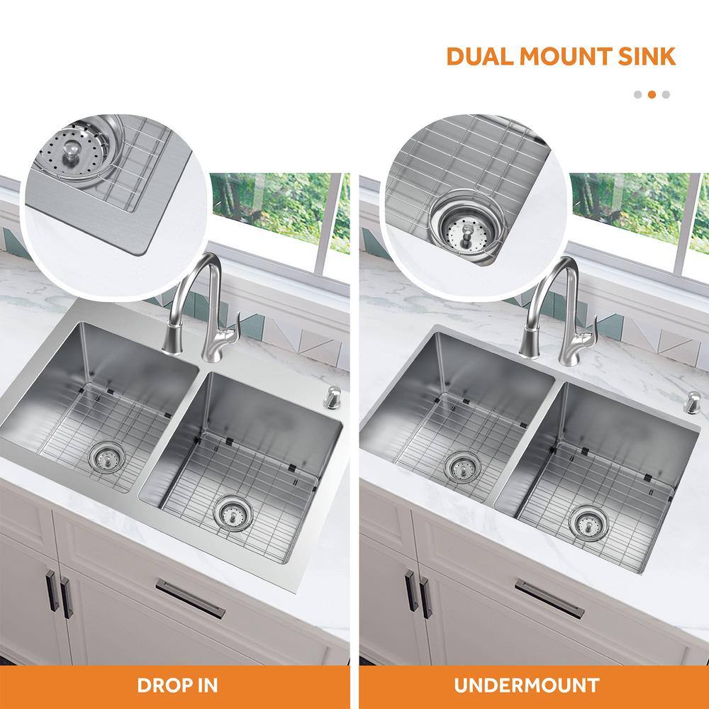 Glacier Bay AIO Dolancourt 33 in. Drop-inUndermount Double Bowl 18 Gauge Stainless Steel Kitchen Sink with Pull-Down Faucet VDR3322A0PA1