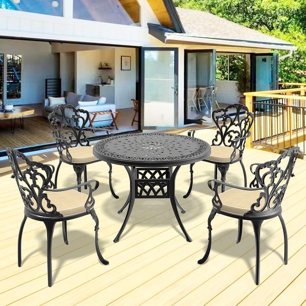 3/5Piece Cast Aluminum Outdoor Dining Set with 35.43 in. Round Table and Random Color Cushions