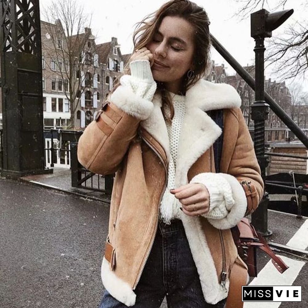 Faux Fur Lined Leather Shearling Moto Jacket