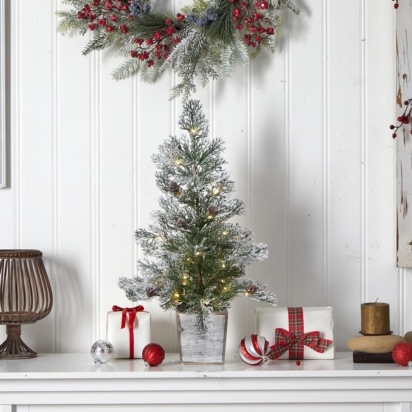 2' Frosted PreLit Christmas Tree with Pinecones in Decorative Planter