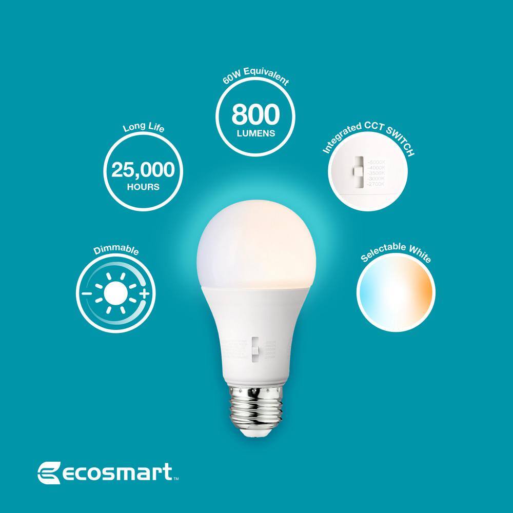 EcoSmart 60-Watt Equivalent A19 Dimmable CEC LED Light Bulb with Selectable Color Temperature (2-Pack) 11A19060W5CCT01