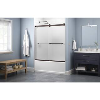 Delta Lyndall 60 x 58-34 in. Frameless Contemporary Sliding Bathtub Door in Bronze with Frosted Glass SD2546763