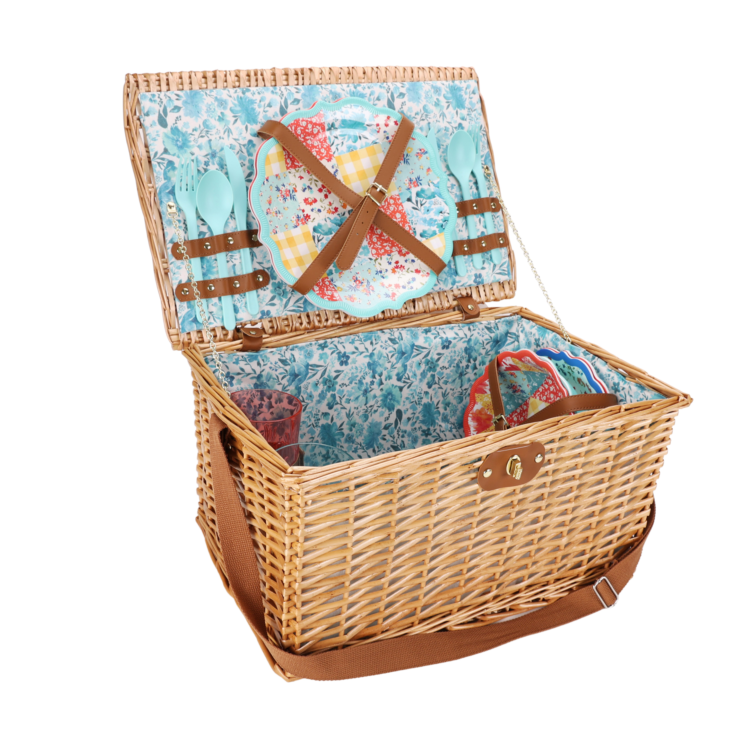 The Pioneer Woman 15-Piece Service for Two Patchwork Medley Picnic Basket Set