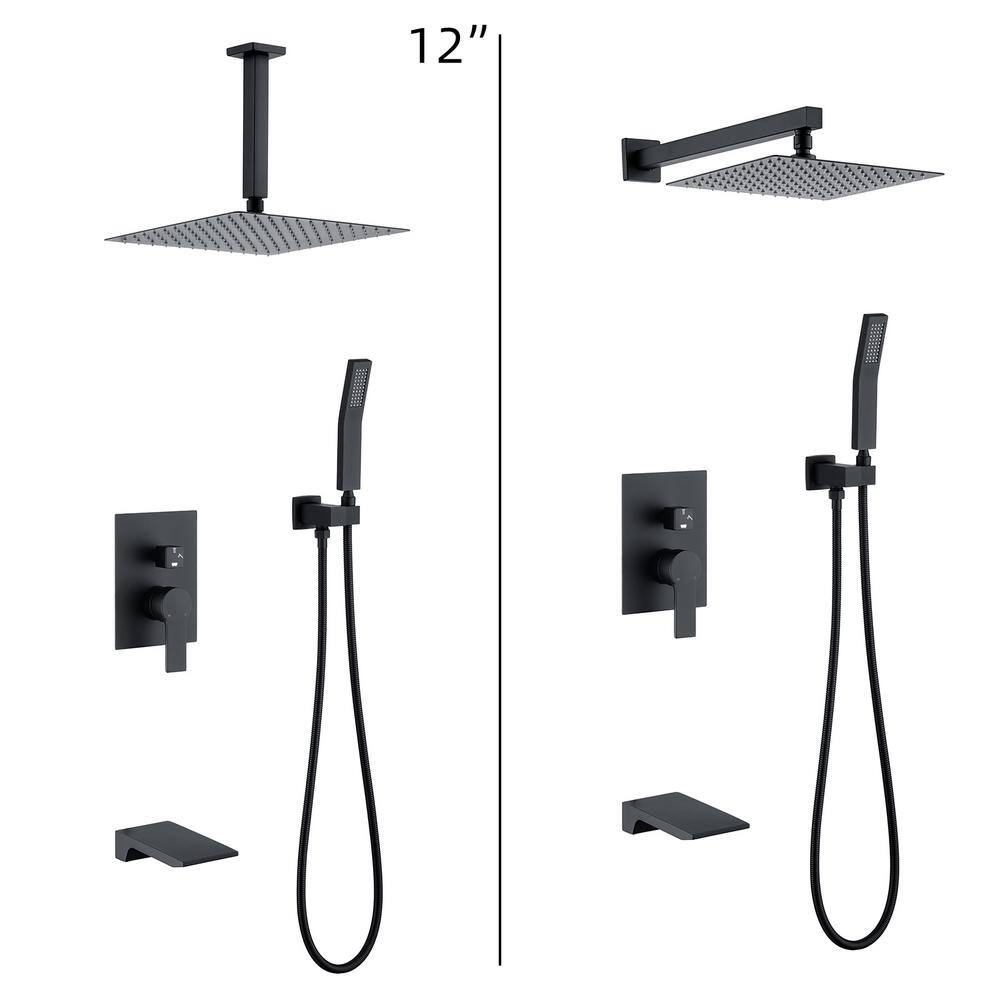 YASINU Single Handle 1-Spray Rain 12 in. Square Bathroom Tub and Shower Faucet in Matte Black (Valve Included) YNSH081-12MB