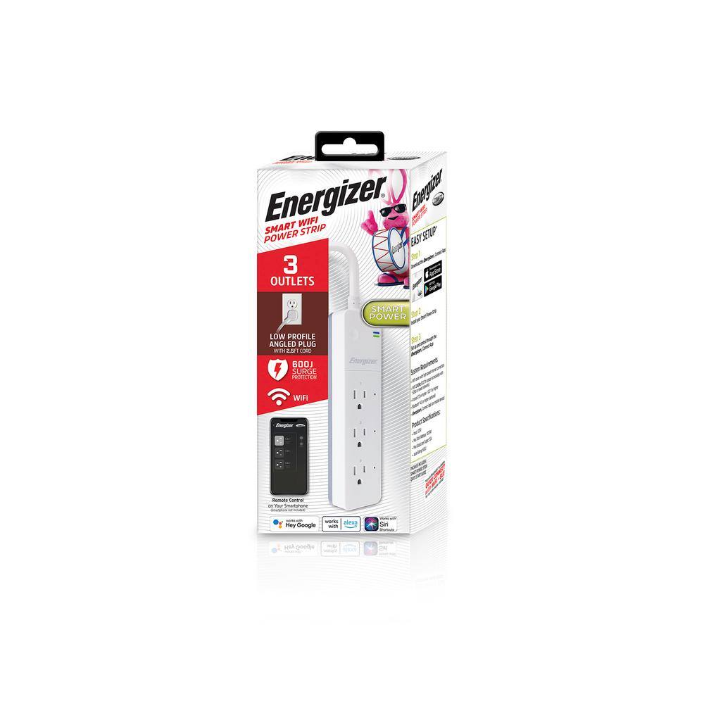 Energizer Smart Wi-Fi 3-Outlet Power Strip Surge Protector 600 Joules Works With AlexaSiriGoogle EIS3-1003-WHT