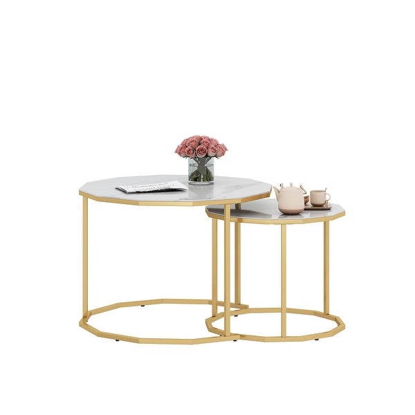 Nesting Coffee Table / End table with 12-sided Artificial Marble Top and Metal Legs