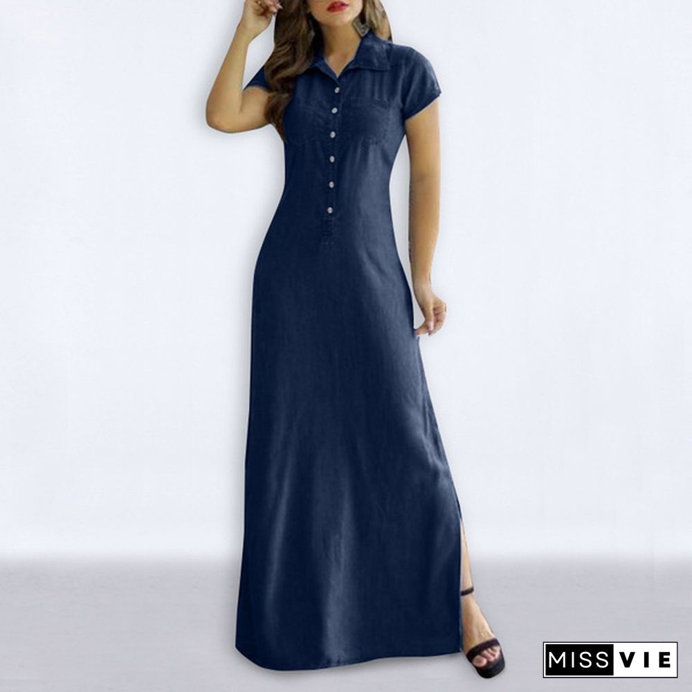 Plus Size Women Short Sleeve Lapel Button Up Denim Shirt Dress Fashion Side Slit Holiday Party Tunic Maxi Dresses Robe Femme