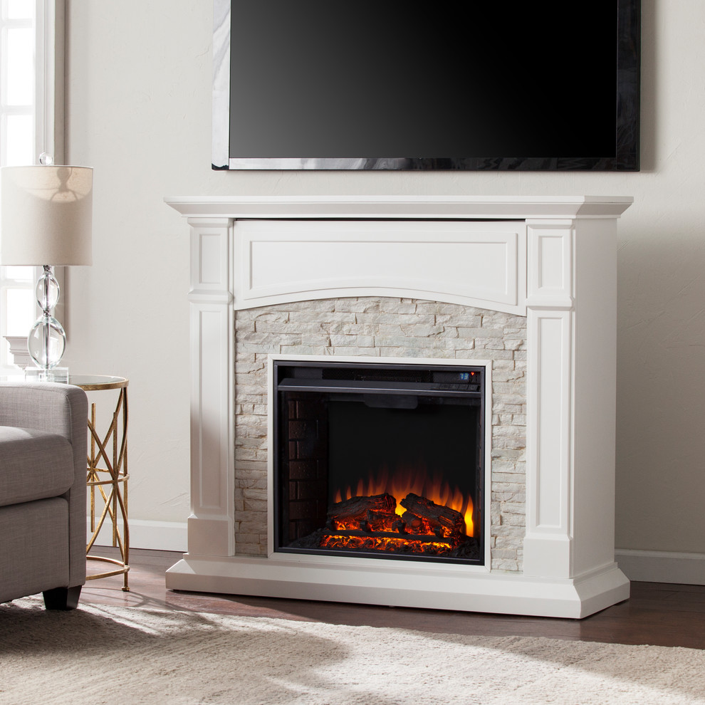 Witrock Electric Media Fireplace  White With White Faux Stone   Traditional   Entertainment Centers And Tv Stands   by SEI  Houzz