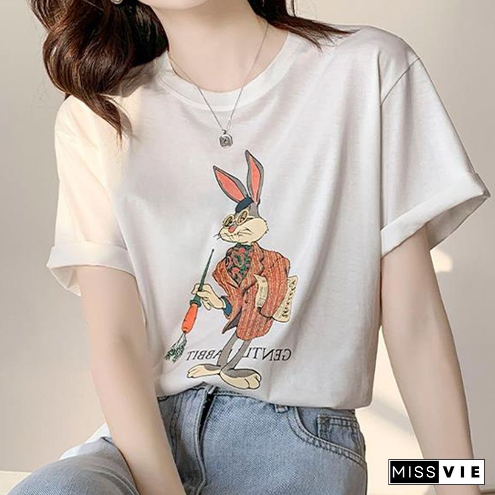 Cartoon Letter Print Round Collar Loose T-Shirt