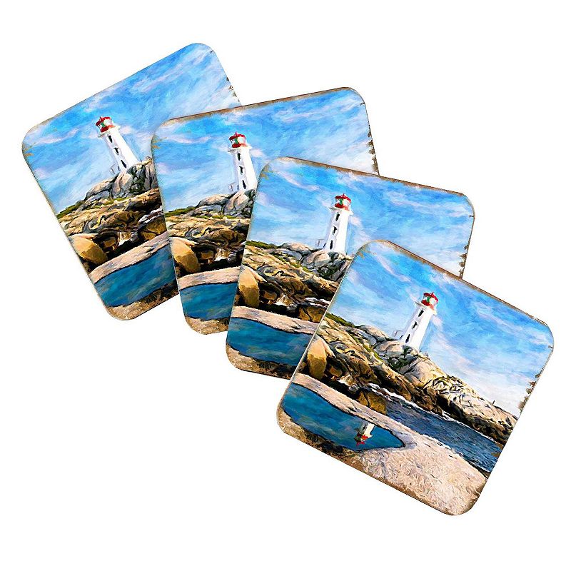 Lighthouse Bay Coastal Wooden Cork Coasters Gift Set of 4 by Nature Wonders