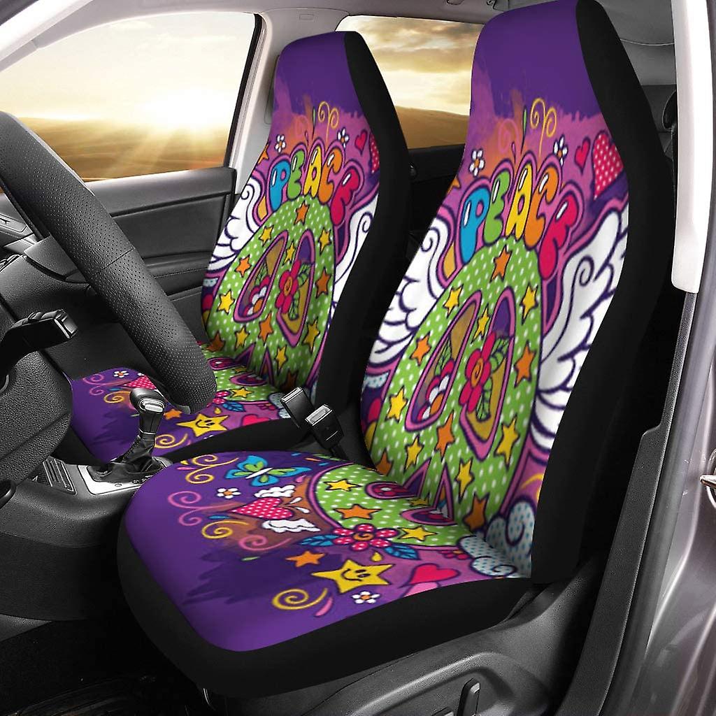 Set Of 2 Car Seat Covers Butterfly Peace Sign Doodle Cartoon Clouds Curls Dots Universal Auto Front Seats Protector Fits D---67491