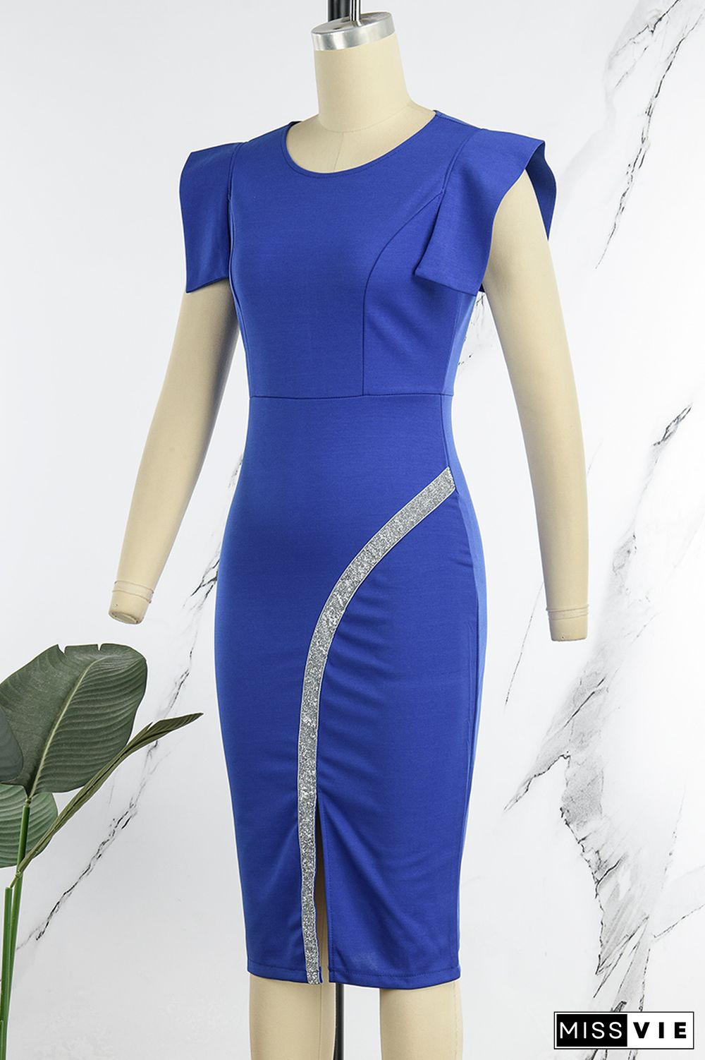 Royal Blue Casual Solid Patchwork Slit O Neck Pencil Skirt Dresses