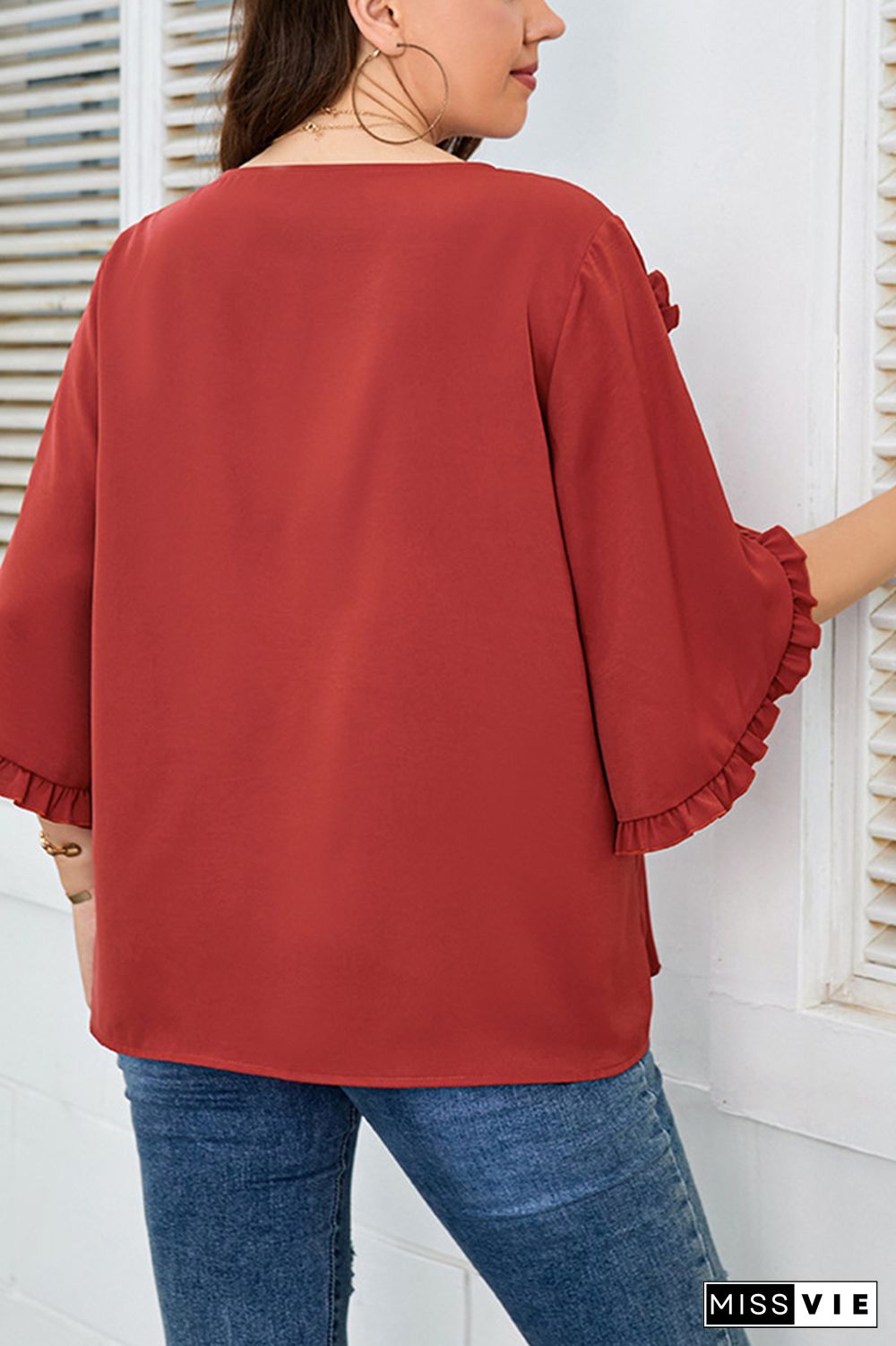 Red Split Flare Ruffle Sleeves Plus Size Top