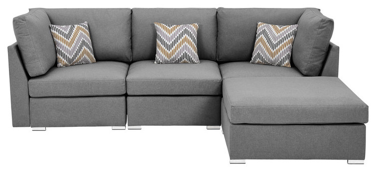 Amira Gray Linen Fabric Sofa with Ottoman and Accent Pillows   Contemporary   Sectional Sofas   by Morning Design Group  Inc  Houzz