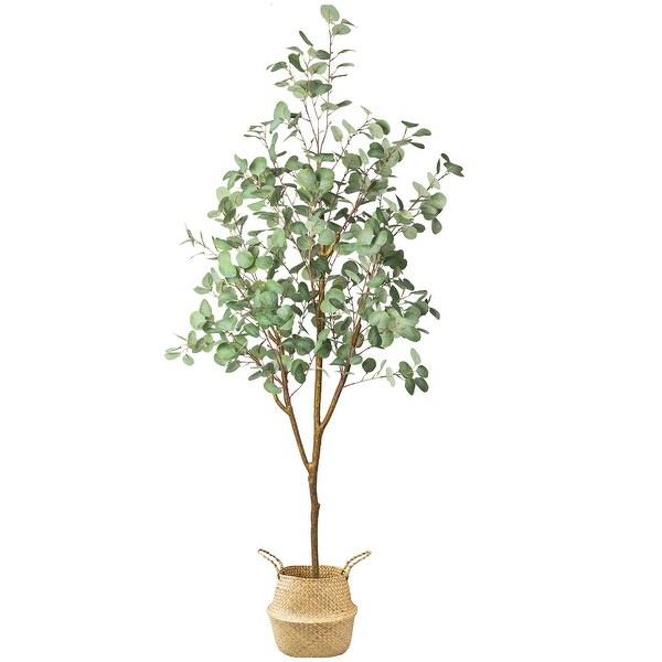 HOMLUX 6ft Artificial Eucalyptus with Woven Seagrass Plant Basket