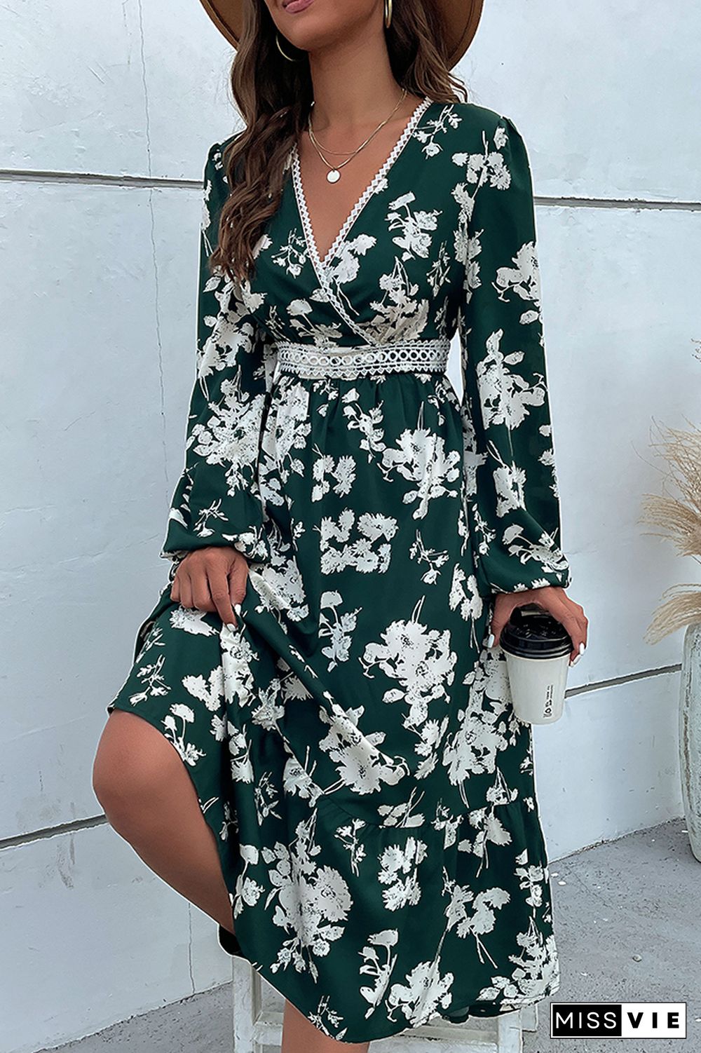 Green Wrap V Neck High Waist Floral Maxi Dress