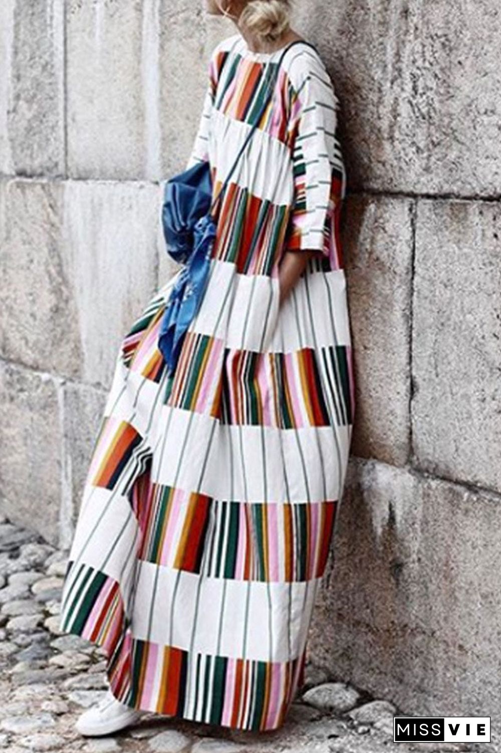 Fashion Casual Striped Split Joint O Neck A Line Dresses