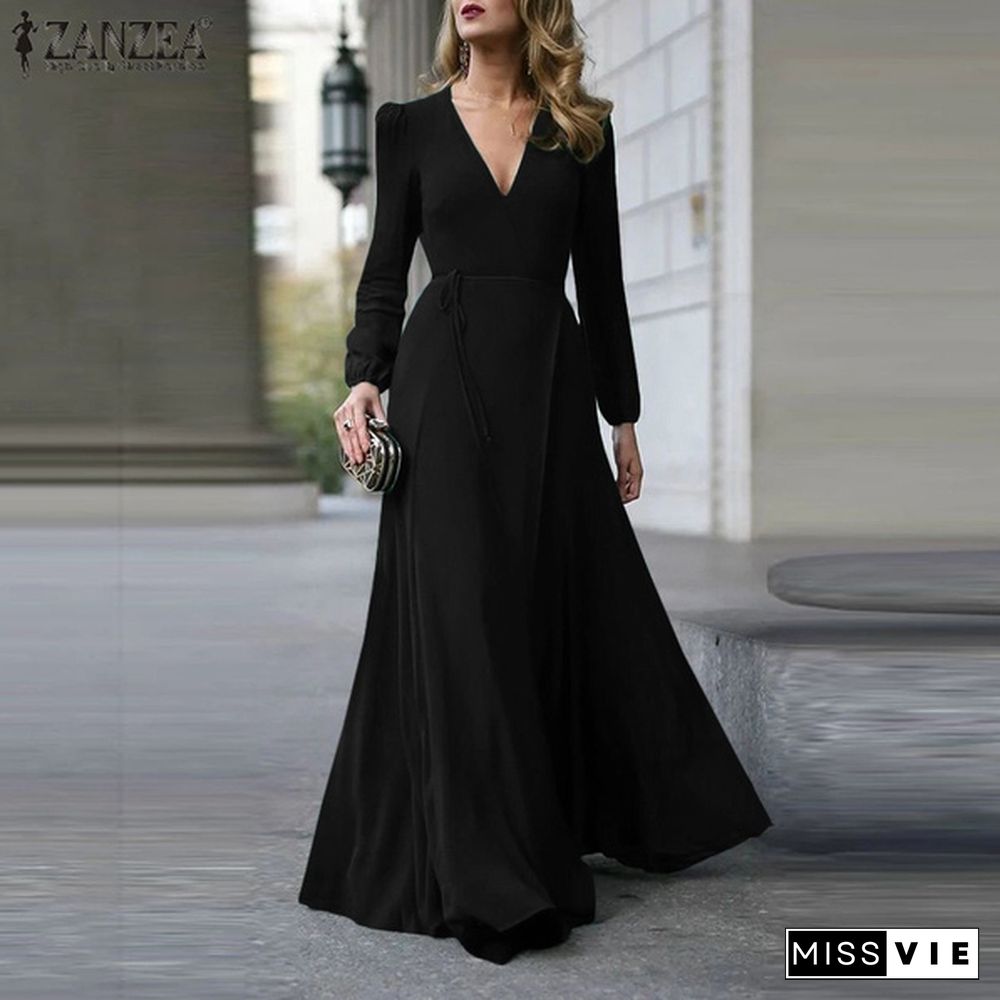 ZANZEA Autumn Long Sleeve Maxi Dresses Women Sexy Deep V Neck Bohemian Party Wedding Dress