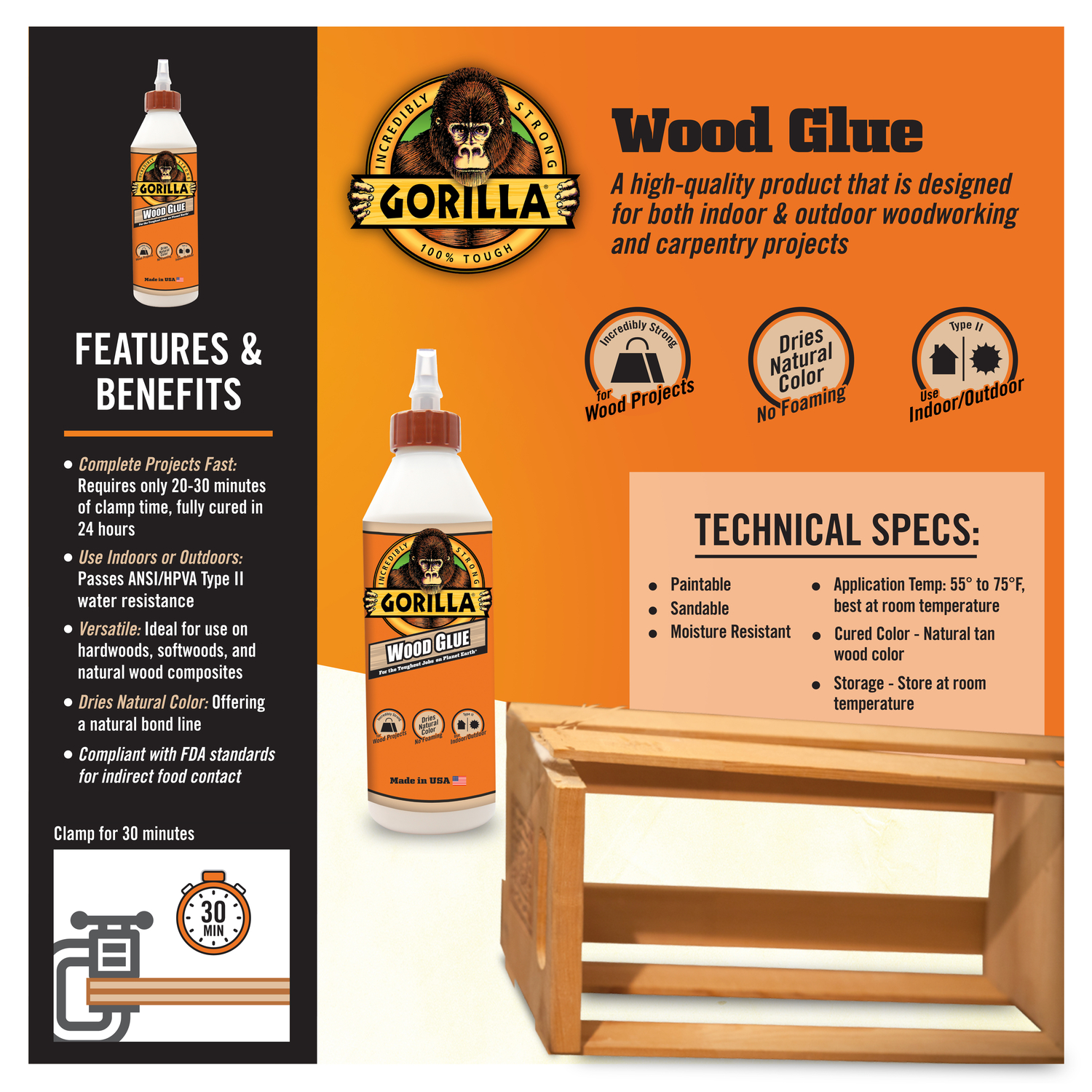 Gorilla Light Tan Wood Glue 18 oz