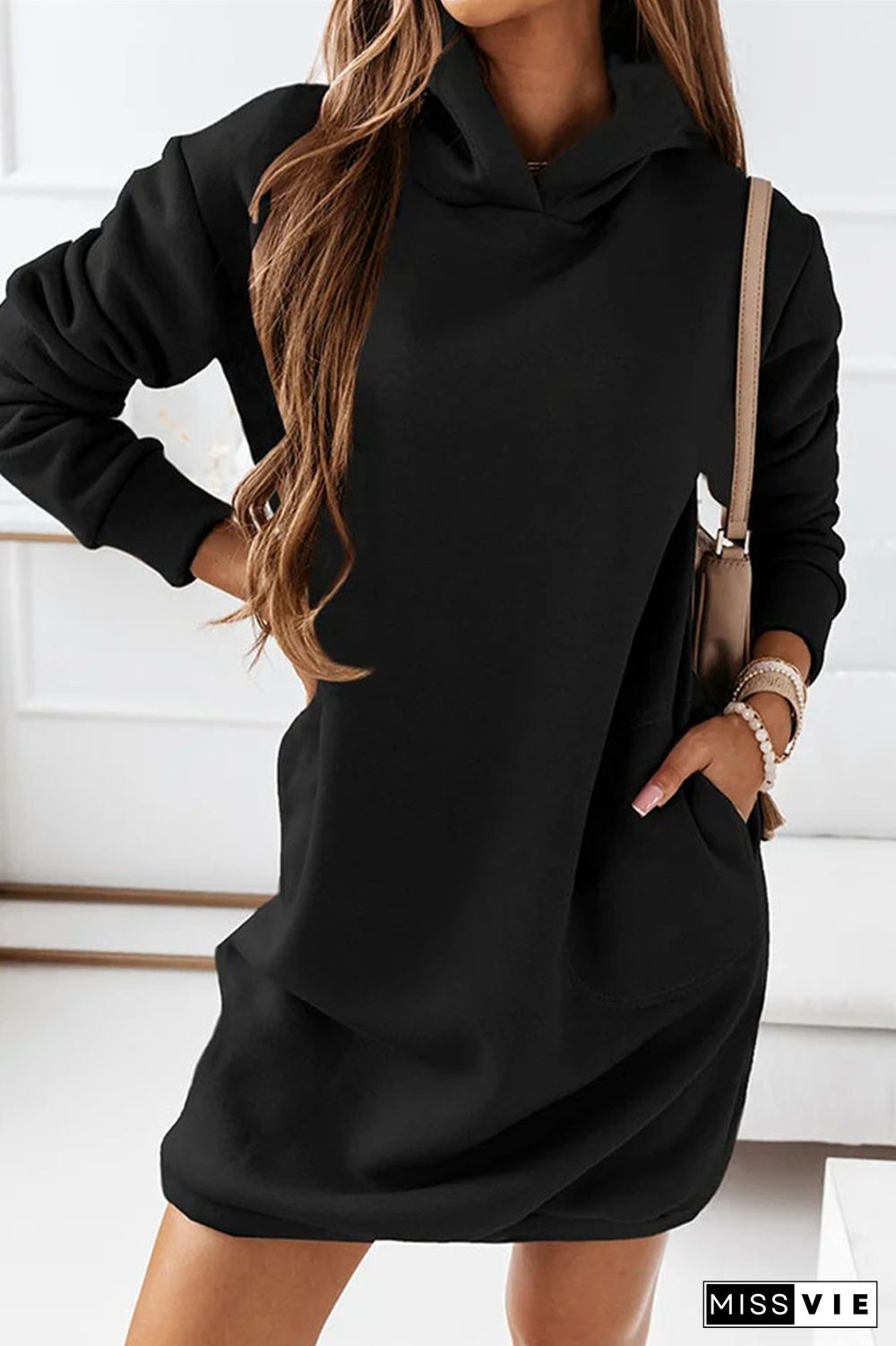 Casual Solid Patchwork Hooded Collar Straight Dresses(3 colors)