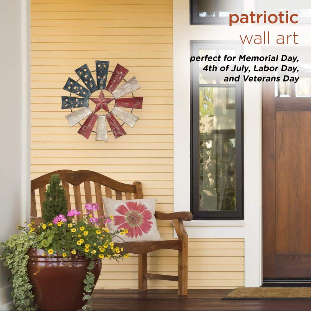 Alpine Corporation 21 in. Tall Indoor/Outdoor Patriotic Windmill Wall Art Decor YHL430HH