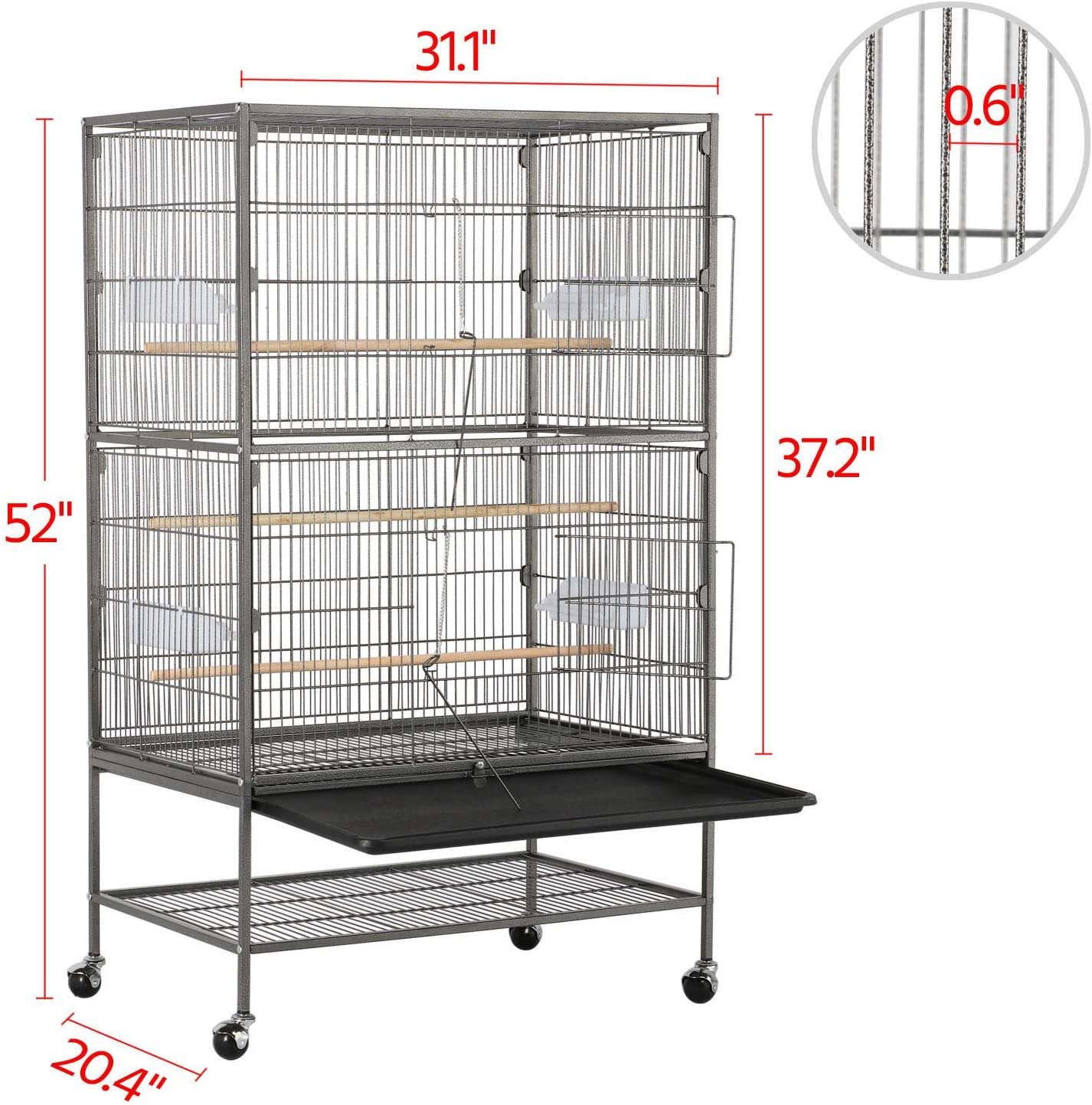 52-inch Wrought Iron Standing Large Flight King Bird Cage for Cockatiels African Grey Quaker Sun Parakeets Green Cheek Conures Pigeons Parrot irdcage with Stand