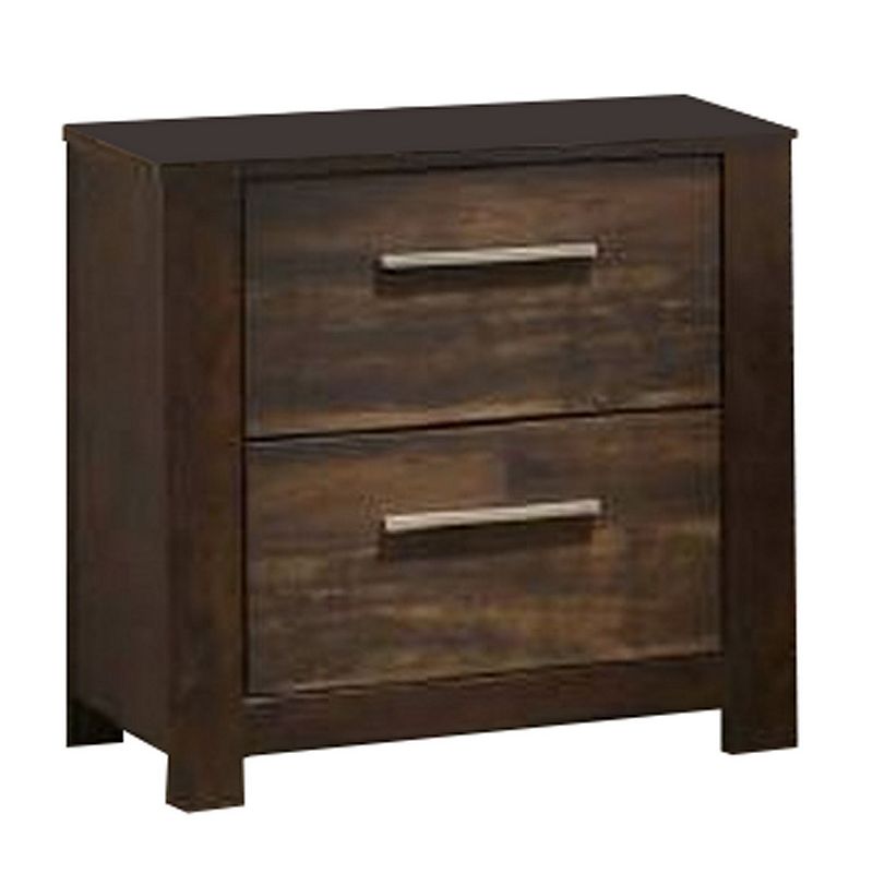 Wooden Nightstand with Two Drawers and Metal Bar Handles， Brown