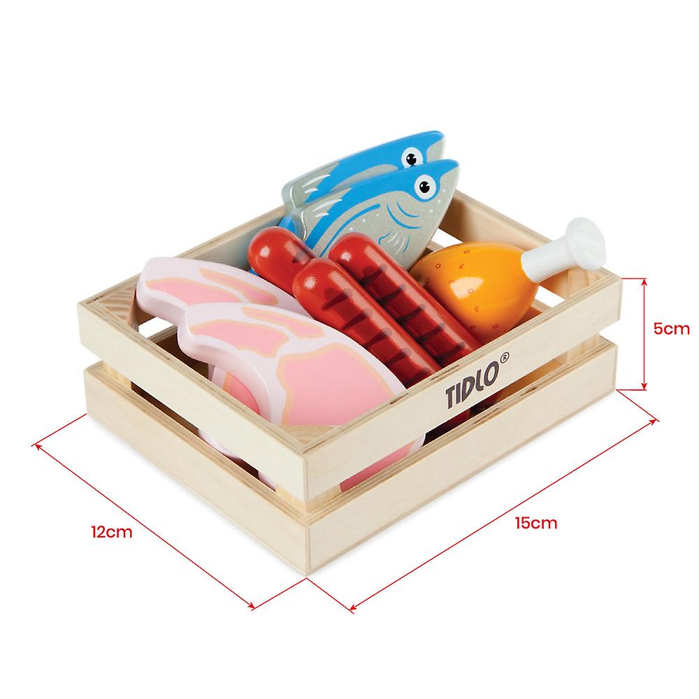 Tidlo Wooden Meat and Fish Play Food Set Pretend Kitchen Shop Accessories