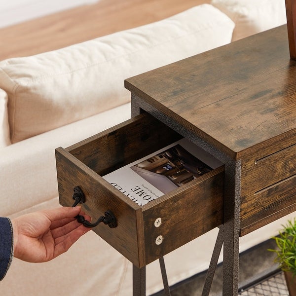 Modern Narrow Console Table with 2 Dual Drawer and Shelves， Brown