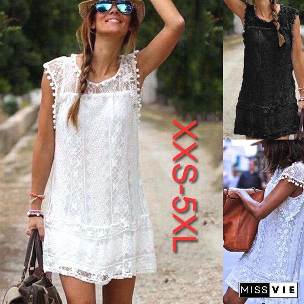 Fashion Summer Dress Sexy Women Casual Sleeveless Beach Short Dress Tassel Solid White Mini Lace Dress Plus Size