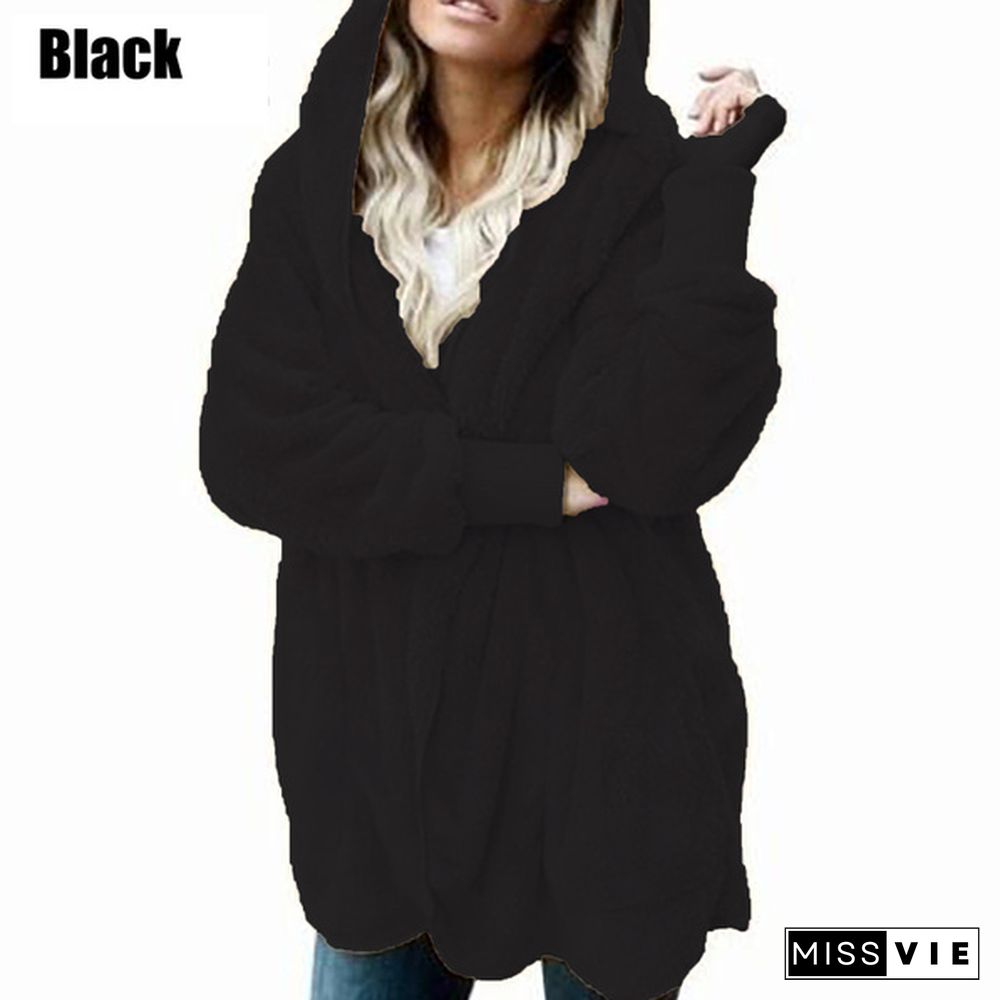 Winter Women’s Fashion Warm Outwear Solid Color Long Sleeve Sweaters Hoodies Coats Loose Plush Cardigan Coat Plus Size Coat