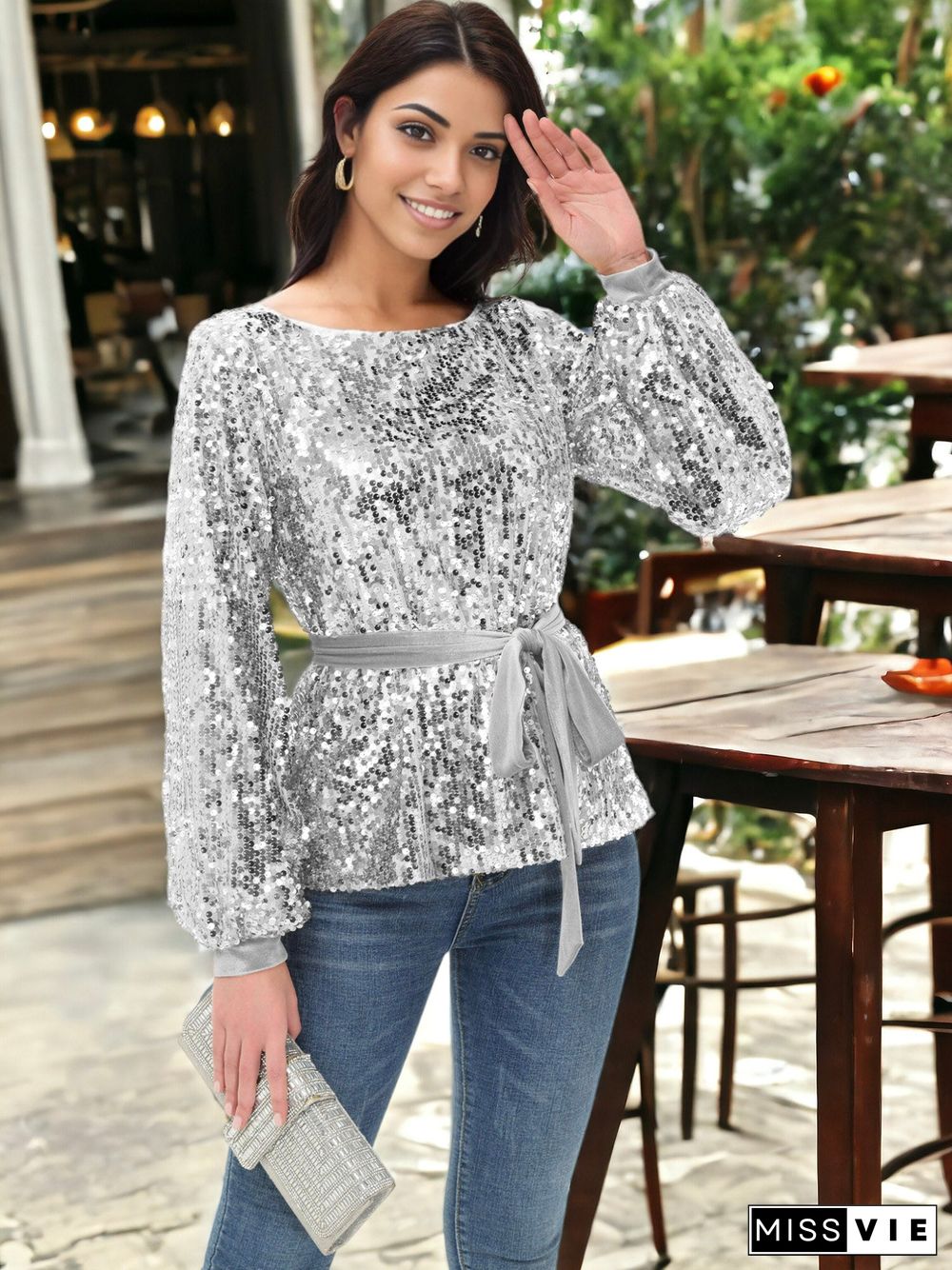 Sequin Party Tie Waist Sweatshirt Pullover Top