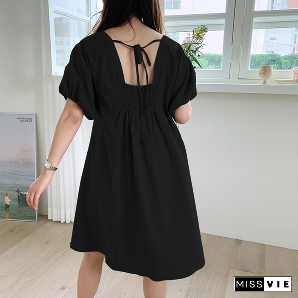 Oversized Women Retro Loose Party Solid Cotton Short Sleeve Sundress Elastic Cuff Mini Shirt Dress