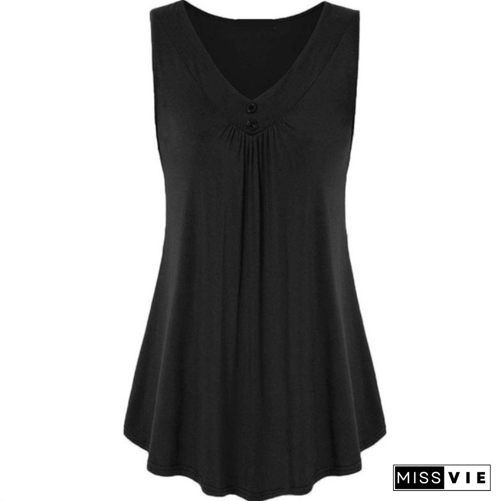 Summer Women's Solid V-Neck Pleated Button Sleeveless Loose Tank Top Ladies Casual Blouses Female Sexy Clothing Home Street Wear