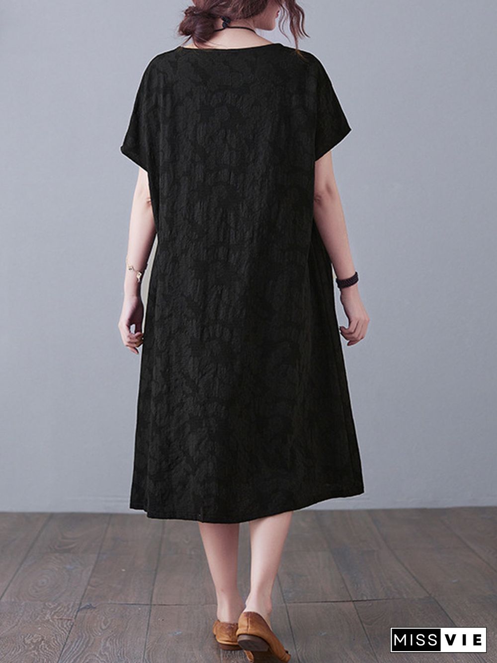 Original Solid Jacquard Short Sleeve Midi Dress