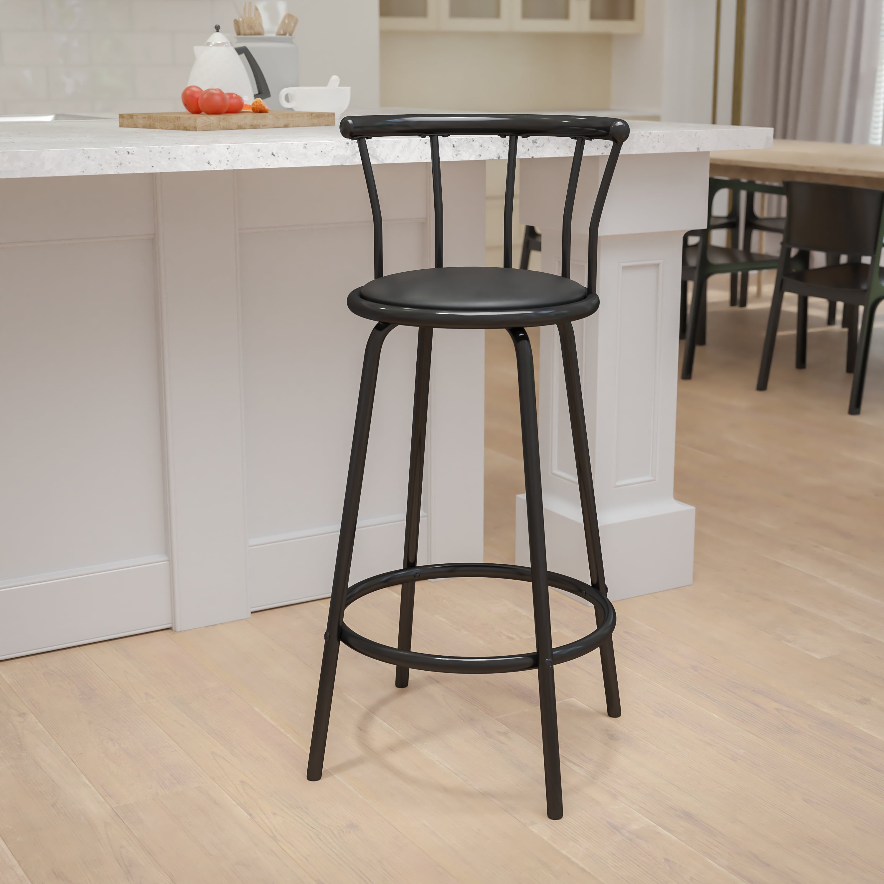 Flash Furniture Charla Crown Back Black Metal Barstool with Black Vinyl Swivel Seat