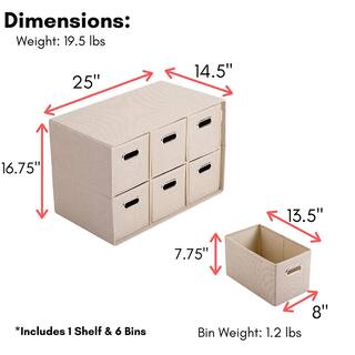 BirdRock Home 25 in. H x 14.5 in. W x 16.75 in. D Cream Fabric Linen 6 Cube Organizer Shelf with Storage Bins 11250