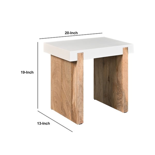 Kerry 20 Inch Rectangular End Side Table， Mango Wood， Sled Base， Glossy White， Natural Brown