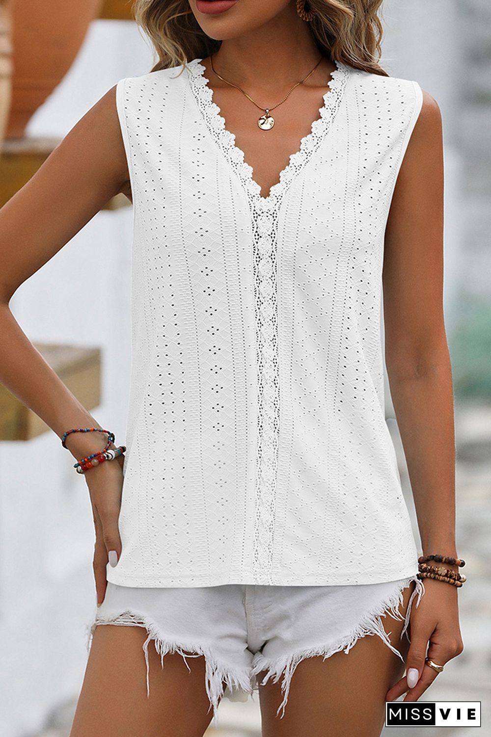 Plain V Neck Lace Edge Eyelet Pattern Tank Top