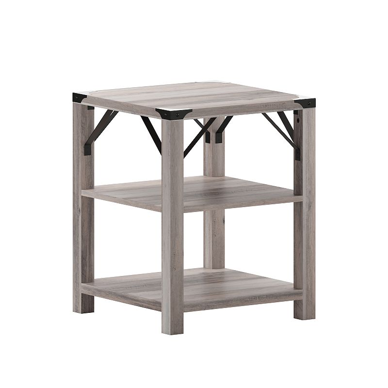 Flash Furniture Wyatt Modern Farmhouse Wooden 3-Tier End Table with Black Metal Accents