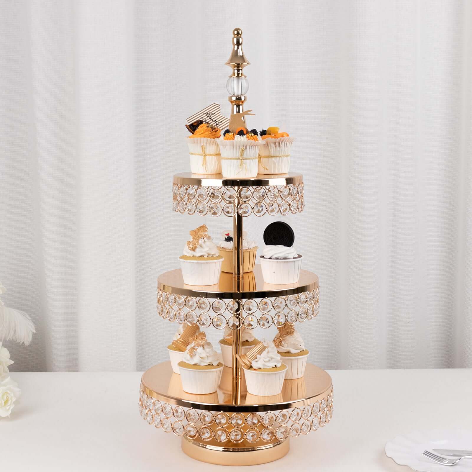 3-Tier Crystal Beaded Gold Metal Cake Stand, Cupcake Tower Dessert Display Stand with Round Mirror Top - 26