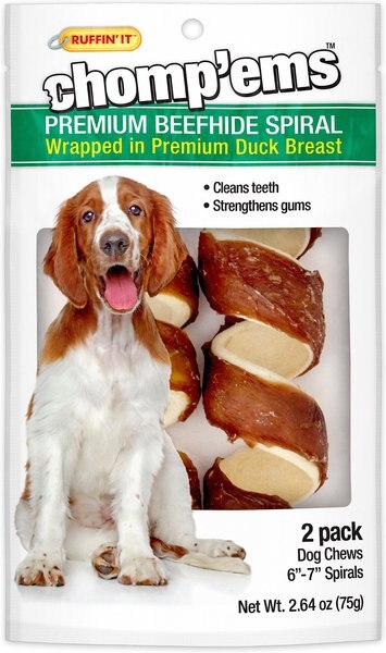 RUFFIN' IT Chomp'Ems Premium Beefhide Spiral Duck Dog Treats， 2 count