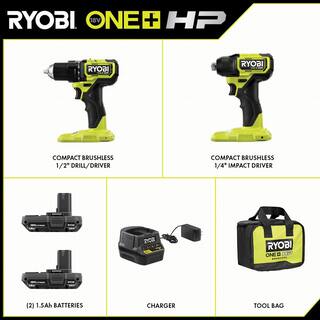 RYOBI ONE+ HP 18V Brushless Cordless Compact 12 in. Drill and Impact Driver Kit with (2) 1.5 Ah Batteries Charger and Bag PSBCK01K