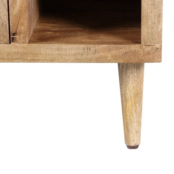 Transitional Mango Wood Side Table with Open Cubbies and Door Storage， Natural Brown