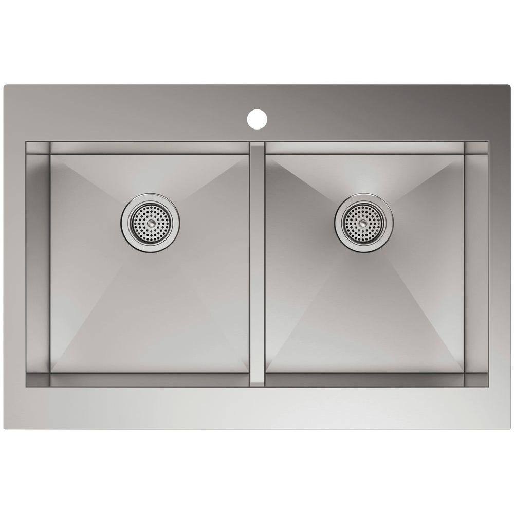 KOHLER Vault Farmhouse Drop-In Apron Front Self-Trimming Stainless Steel 36 in. 1-Hole Double Bowl Kitchen Sink K-3944-1-NA