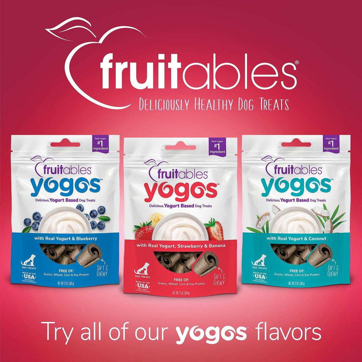 Fruitables Yogos Strawberry and Banana Flavor Grain-Free Dog Treats， 12-oz pouch