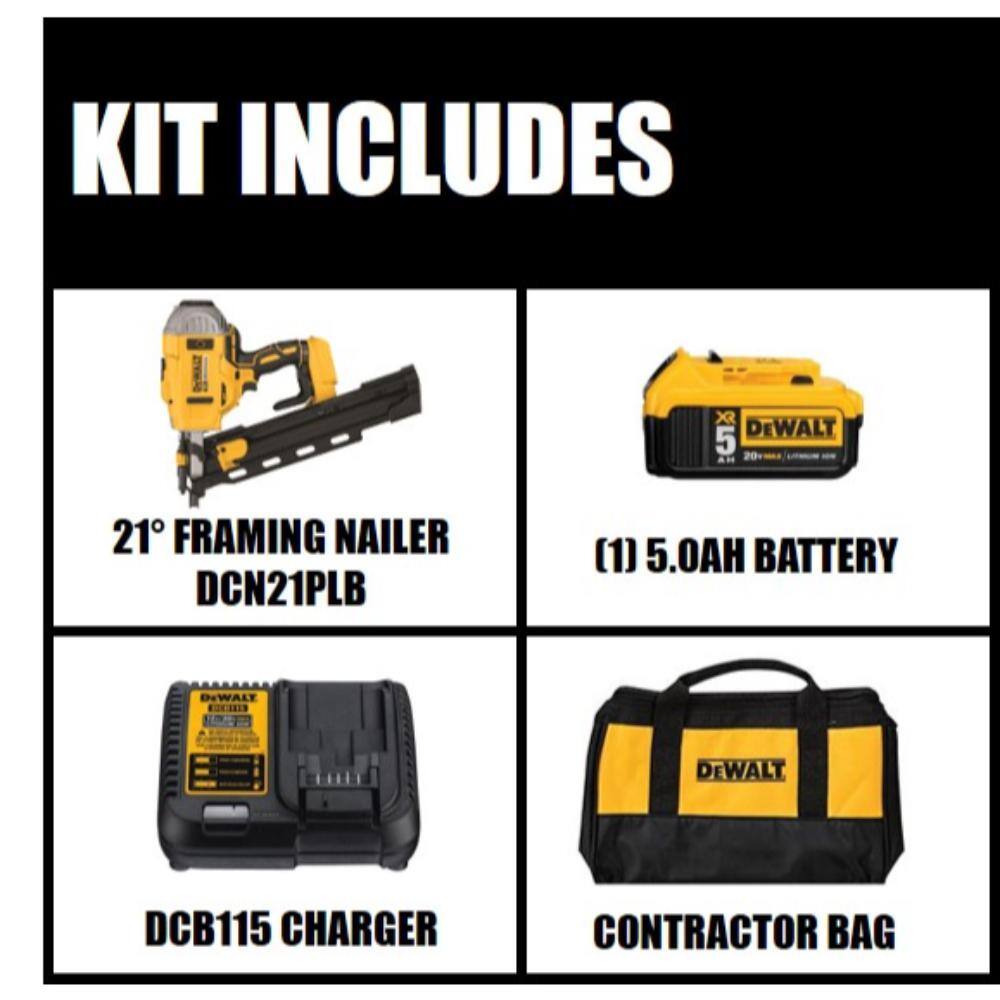 DW 20V MAX XR Lithium-Ion 21-Degree Cordless Framing Nailer with 5.0Ah Battery Pack and Charger DCN21PLBW205CK